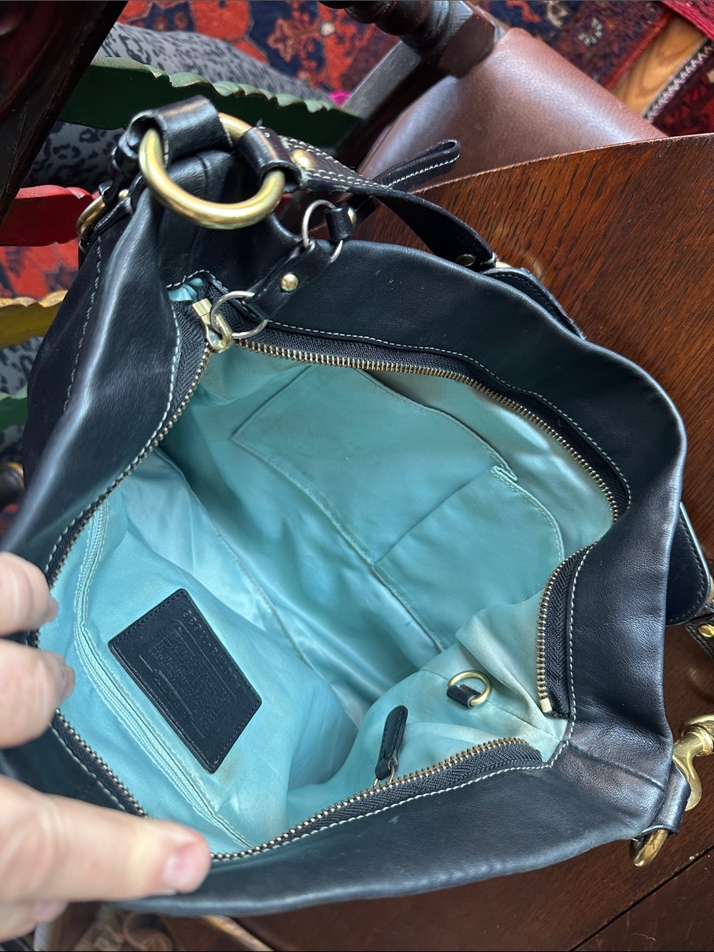 Coach CARLY Black Leather Hobo with lots of cool Brass Hardware. Elegant luxury - Picture 14 of 16